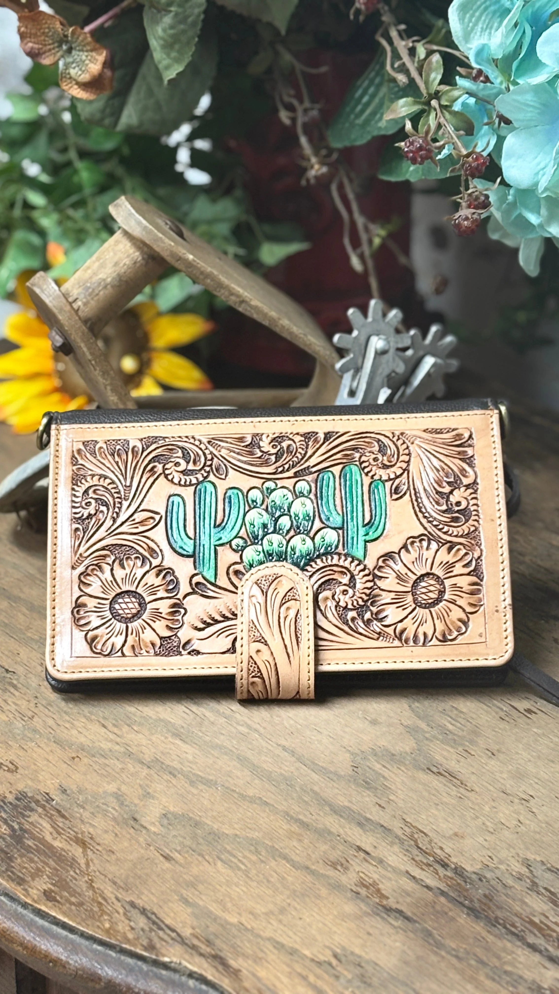 Floral Tooled Leather Cross Body ~ Cactus