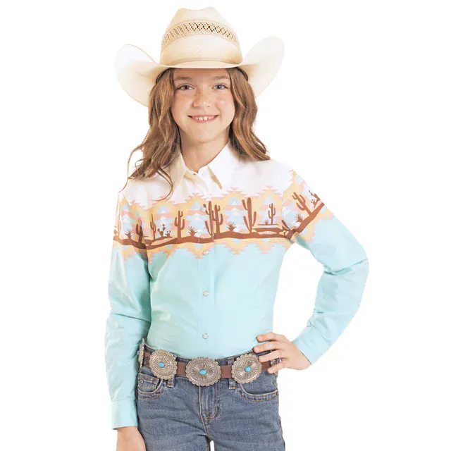 Girl's Border Print Shirt by Panhandle ~ Aquamarine