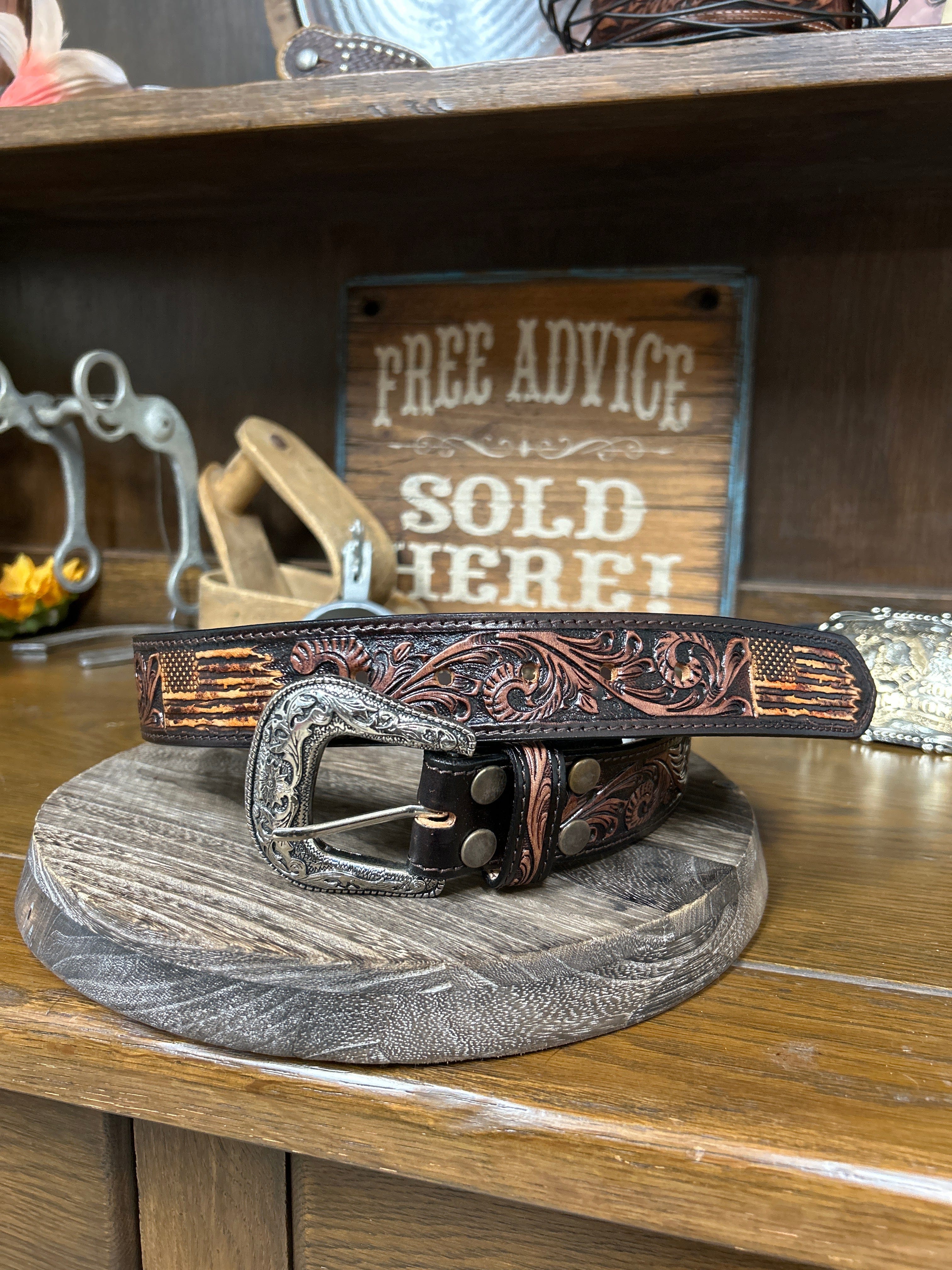 Leather Tooled Belt~Flag