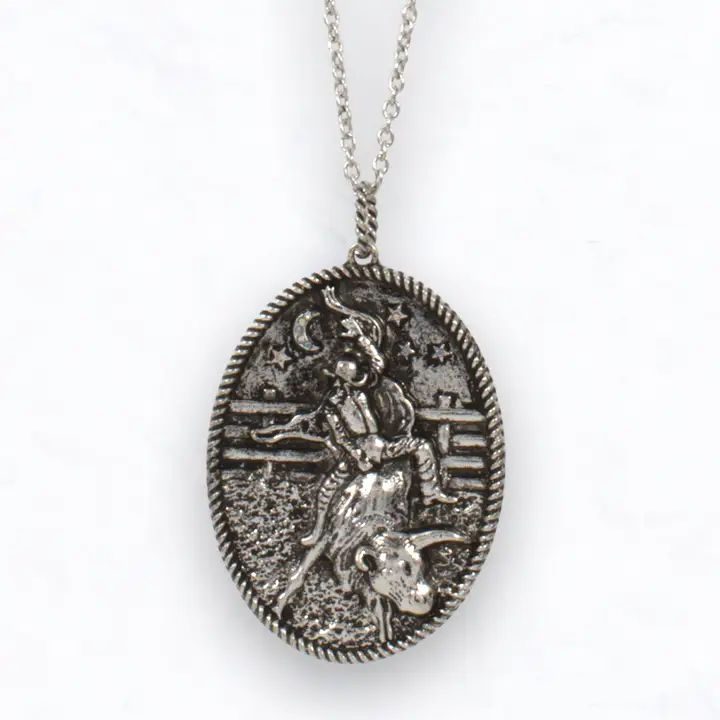 Oval Cowboy Bull Rider Pendant Necklace
