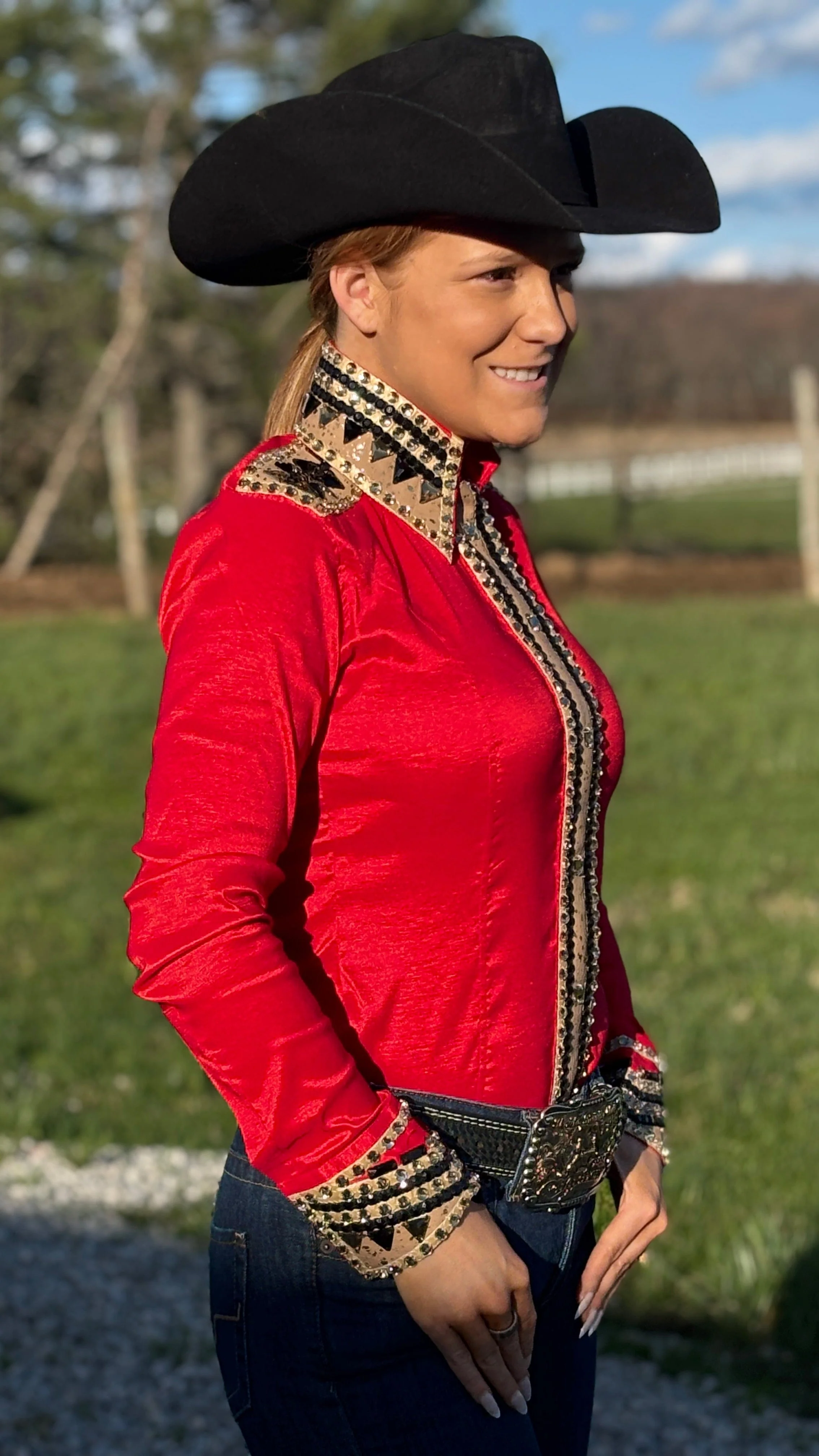 RHC Taffeta Bling Concealed Zipper Show Shirt -Red - Image 4