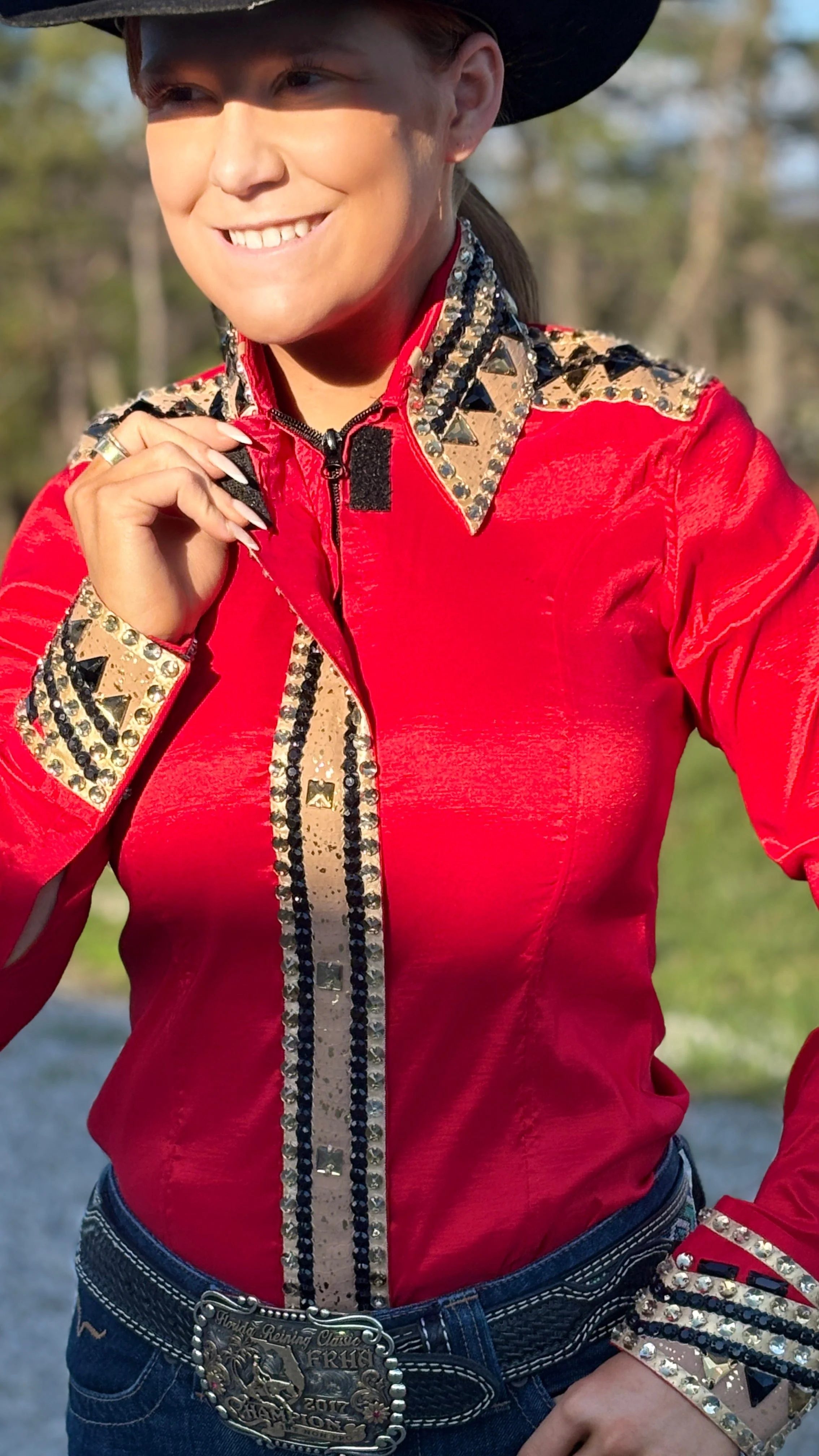 RHC Taffeta Bling Concealed Zipper Show Shirt -Red - Image 5