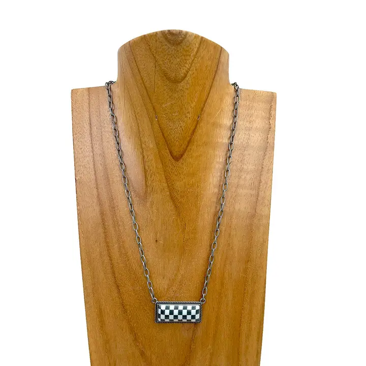 Silver Metal Chain with Checker Print Bar Necklace