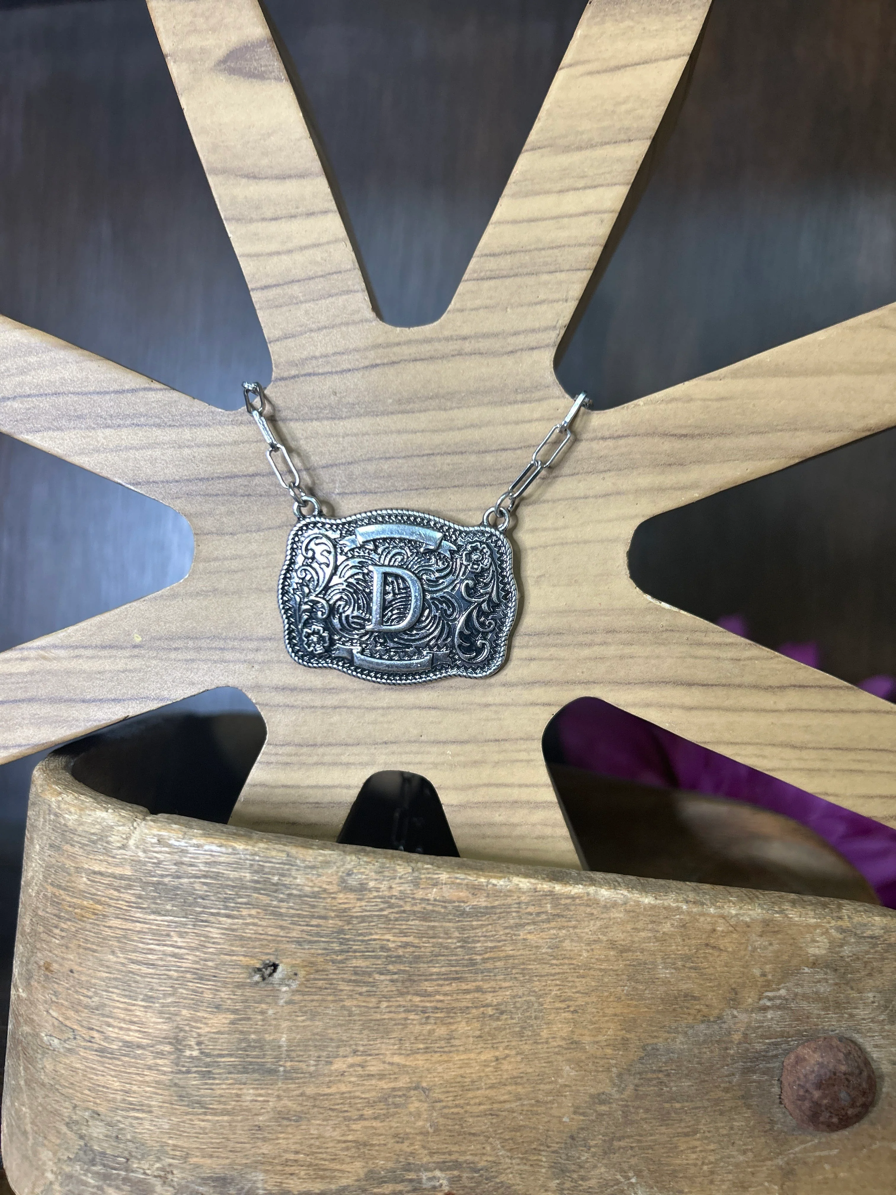Western Buckle Initial Necklace ~ D