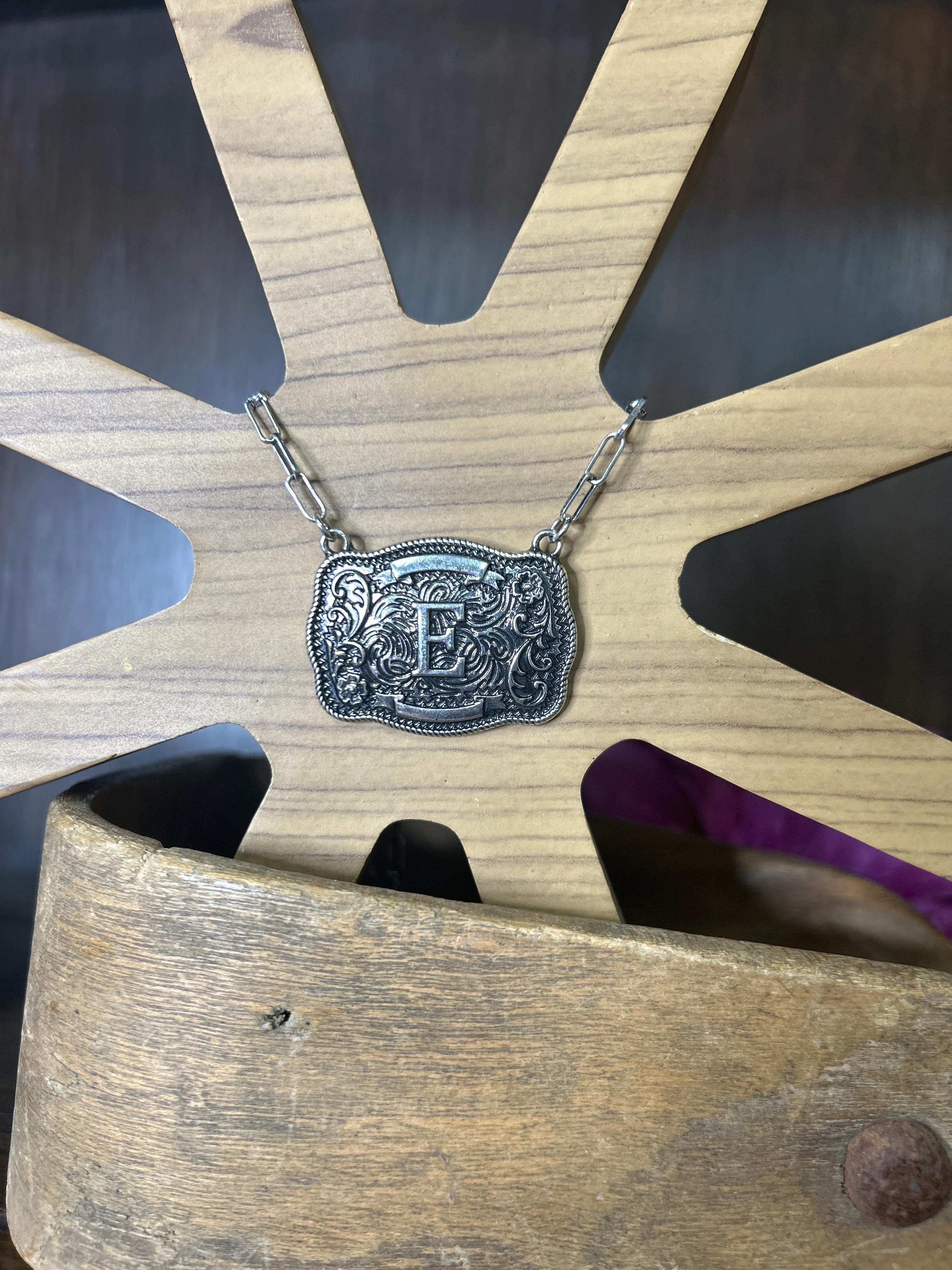 Western Buckle Initial Necklace ~ E