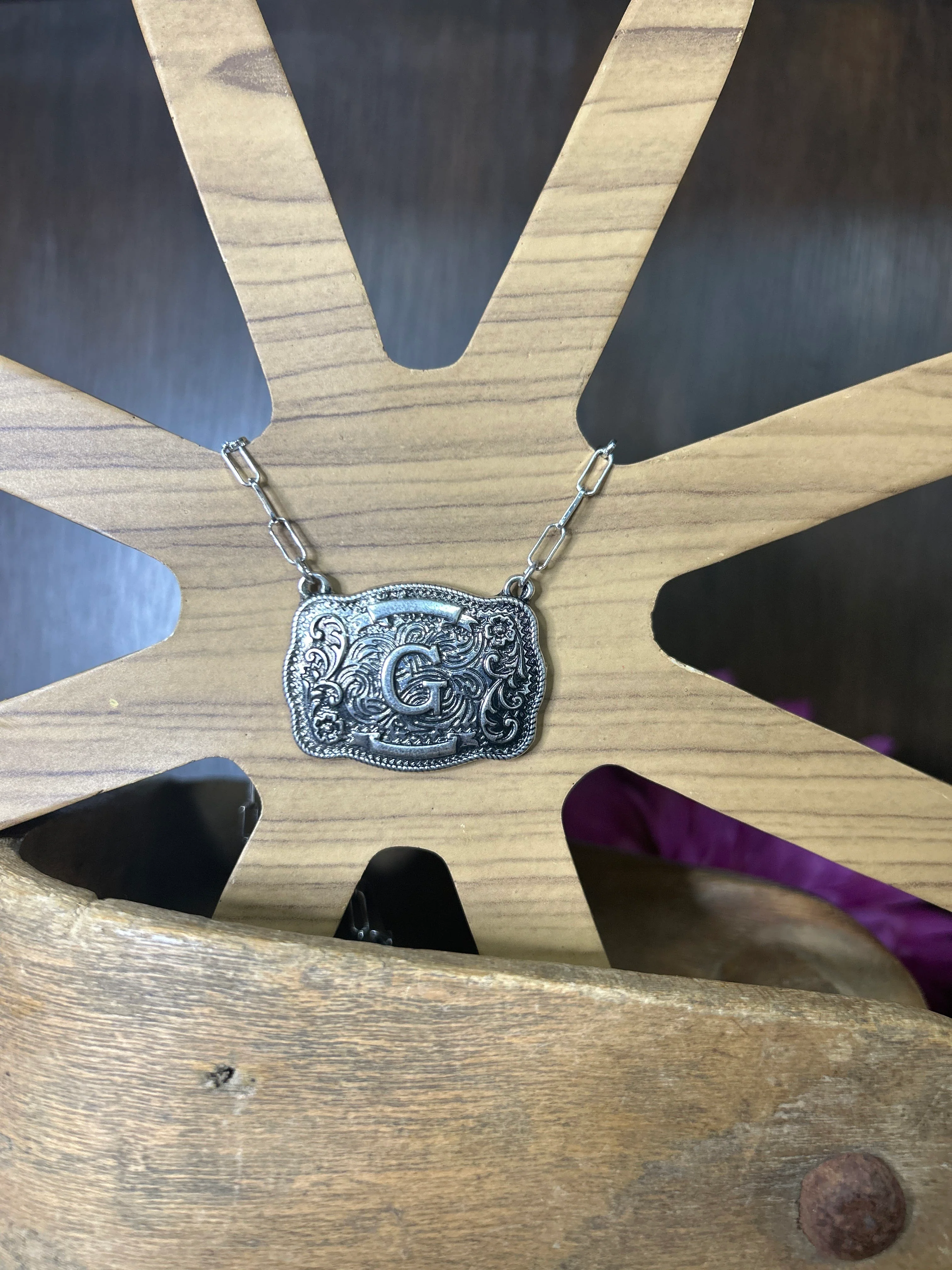 Western Buckle Initial Necklace ~ G