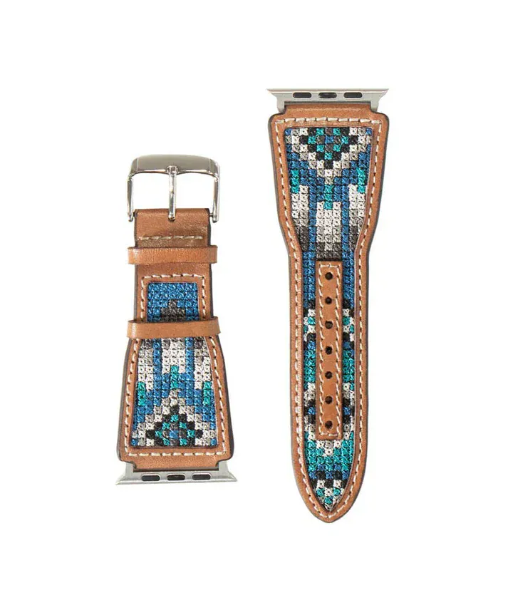 Western Leather Watch Band ~ Blue Aztec