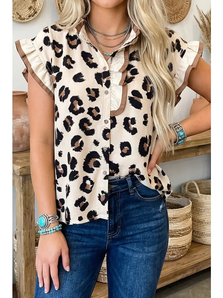 Western Leopard Primal Poise Printed Ruffle Blouse