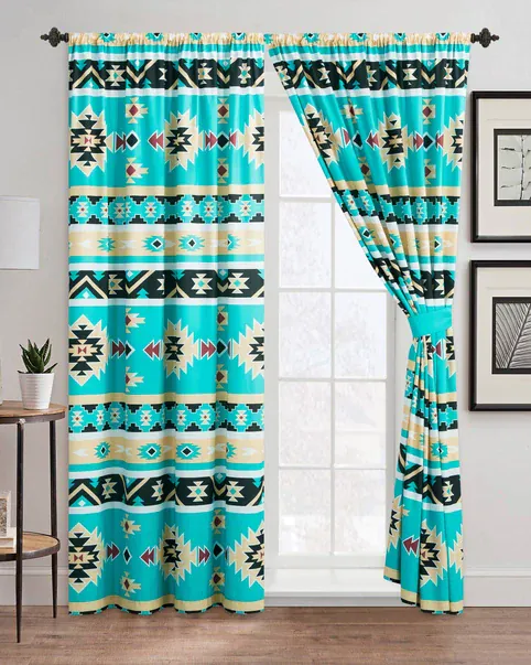 Western Linen Curtains ~ Turquoise Southwest