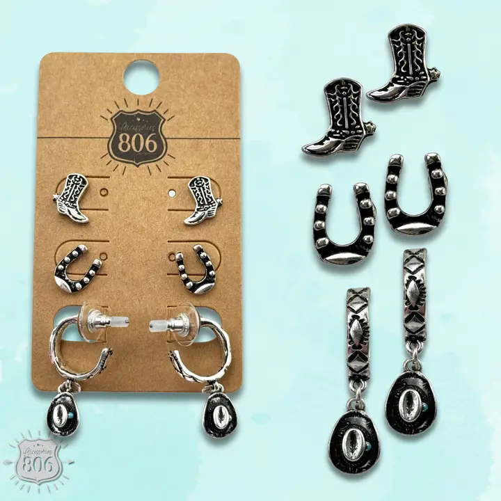 Western Silver Charm and Post Earring Set