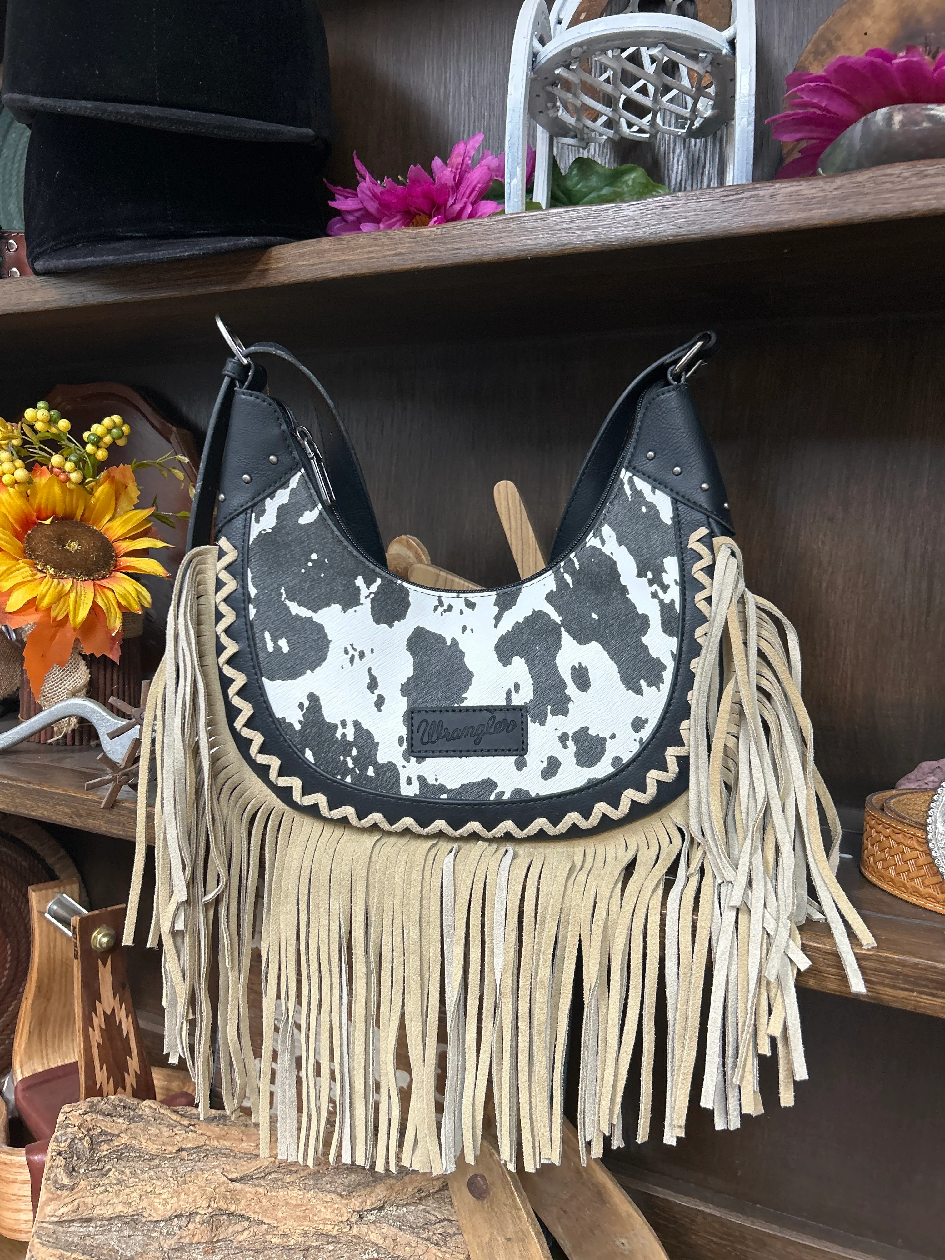 Wrangler Cow Print Fringe Shoulder Hobo Bag - Image 4
