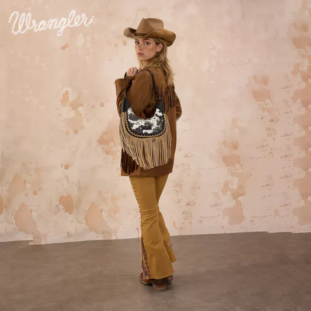 Wrangler Cow Print Fringe Shoulder Hobo Bag - Image 5