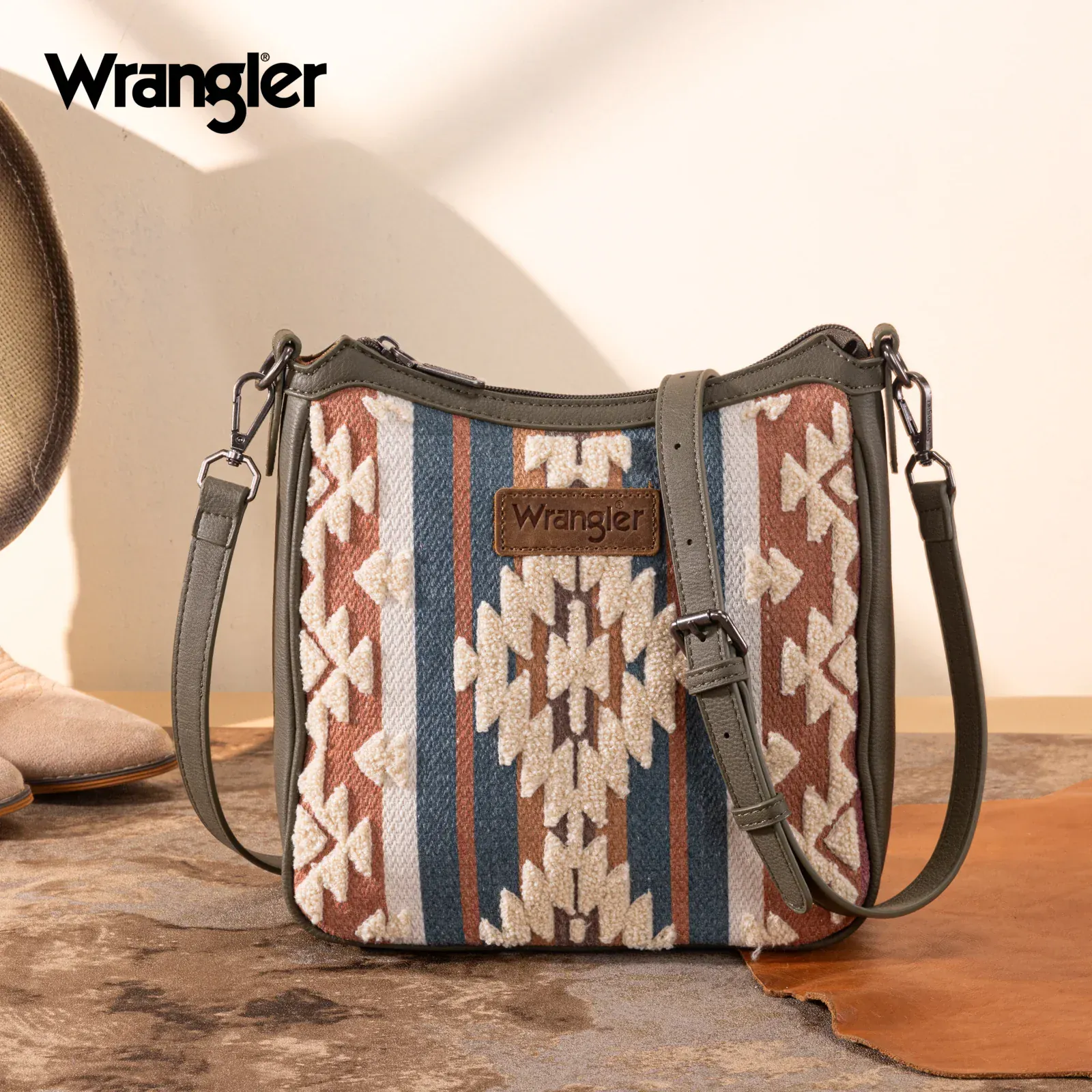 Wrangler Sherpa Aztec Canvas Crossbody - Green - Image 3